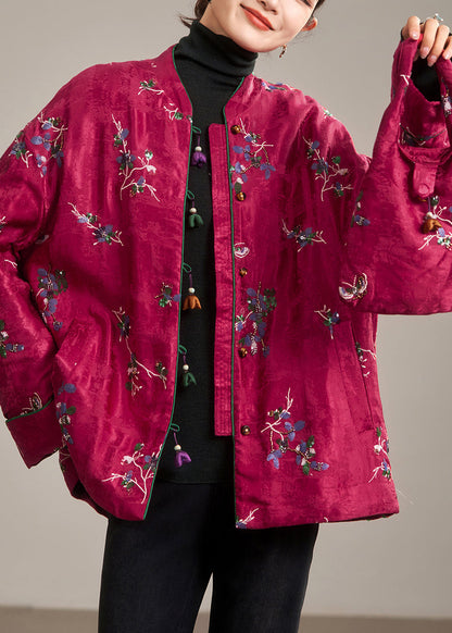 Red Stand Collar Button Parka Coat Winter