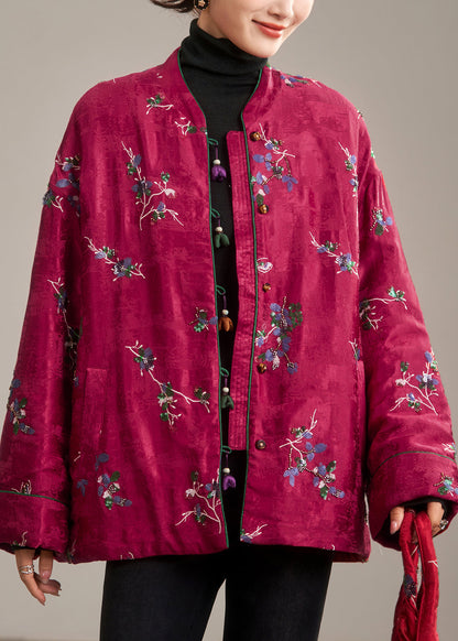 Red Stand Collar Button Parka Coat Winter