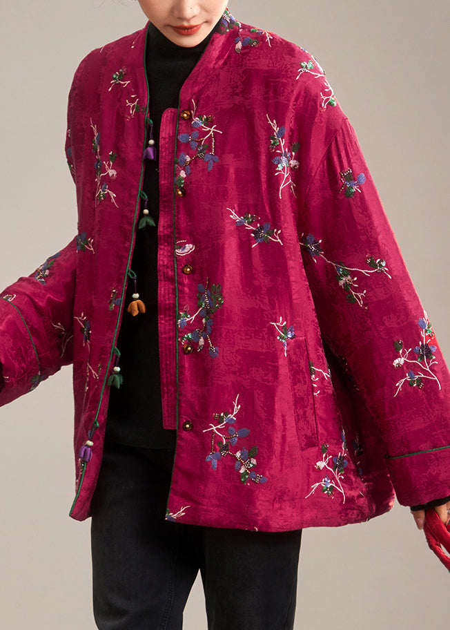 Red Stand Collar Button Parka Coat Winter