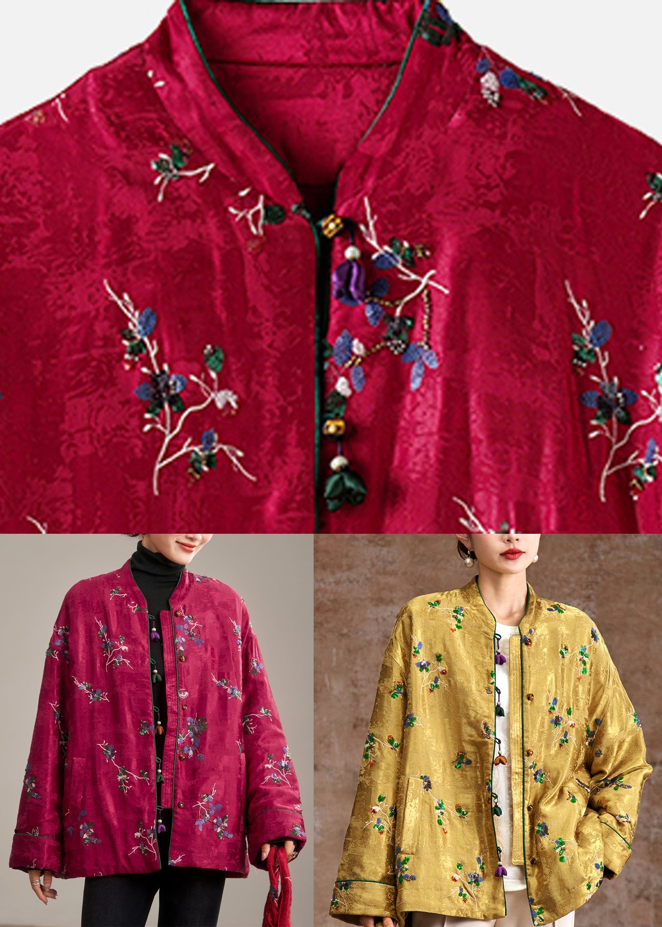 Red Stand Collar Button Parka Coat Winter