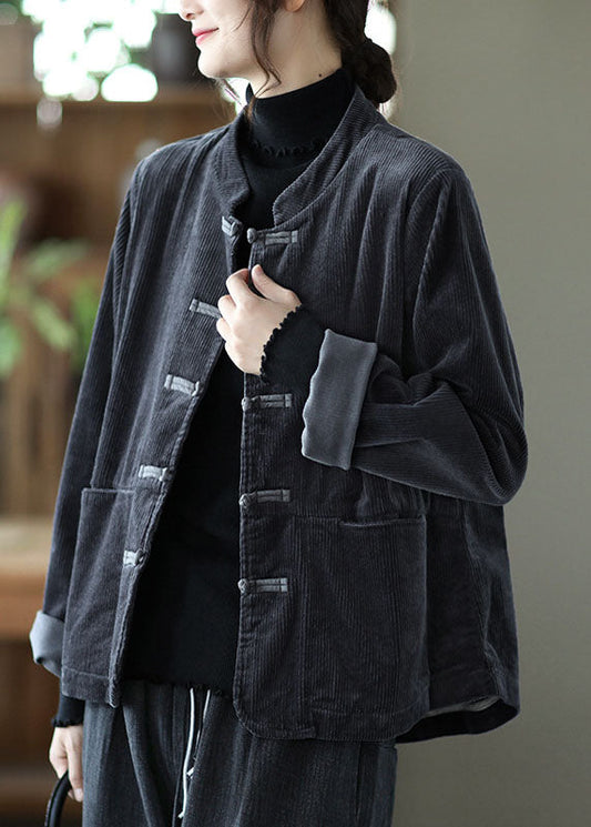 Roter Stehkragen Knopftaschen Patchwork Herbst Cordmäntel