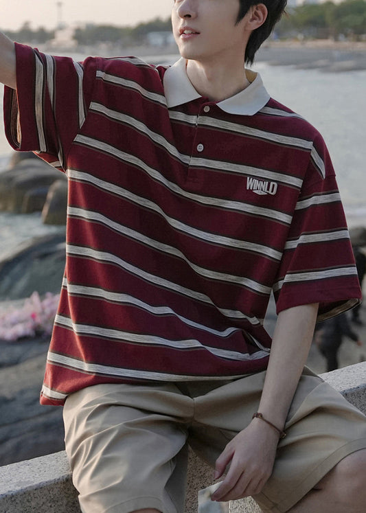 Red Striped Button Loose Cotton Mens Polo Shirts
