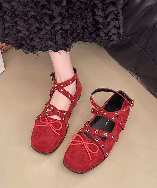 Red Suede Bow Cross Strap Rivet Splicing Flat Feet Shoes