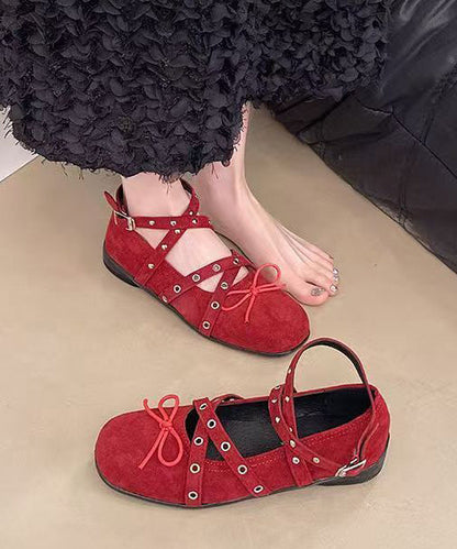 Red Suede Bow Cross Strap Rivet Splicing Flat Feet Shoes