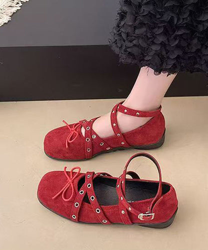 Red Suede Bow Cross Strap Rivet Splicing Flat Feet Shoes