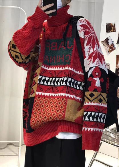 Red Thick Patchwork Knit Mens Sweaters Turtleneck
