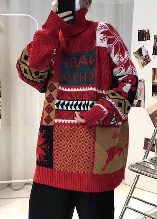 Red Thick Patchwork Knit Mens Sweaters Turtleneck