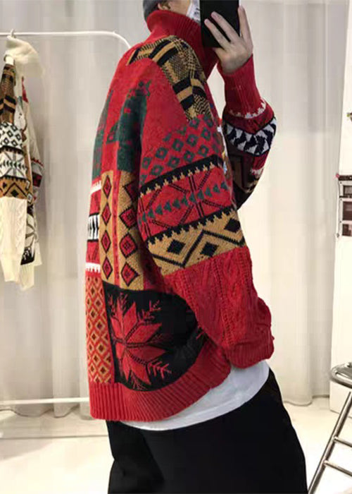 Red Thick Patchwork Knit Mens Sweaters Turtleneck
