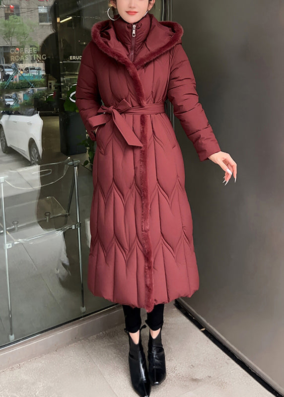 Parkas largas con capucha y lazo rojo en la cintura para invierno