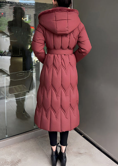 Parkas largas con capucha y lazo rojo en la cintura para invierno