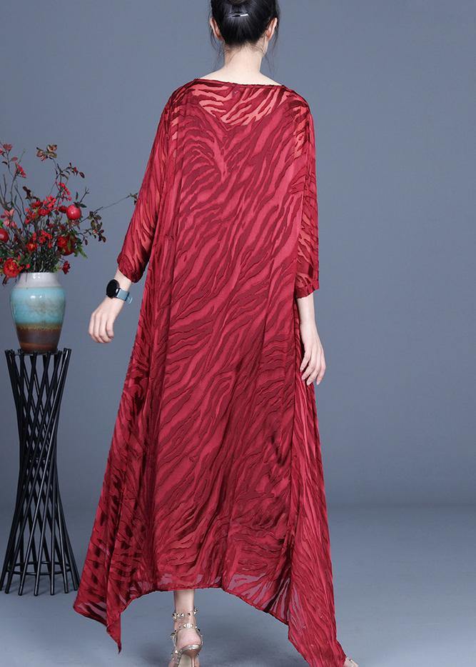 Red Two Piece Spring Silk asymmetrical Design dress with suspender skirt - SooLinen