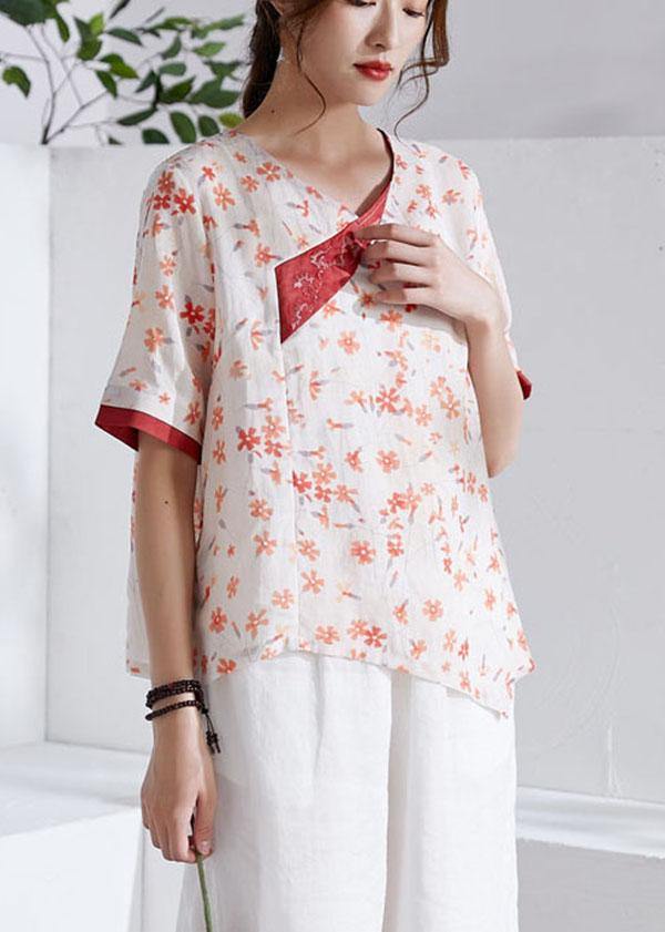 Red V-Neck Asymmetrical Design Print Summer Ramie Shirt Tops Short Sleeve - SooLinen