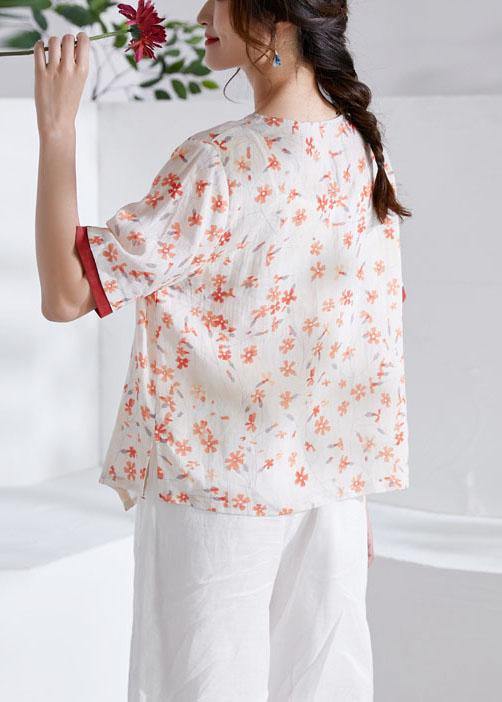 Red V-Neck Asymmetrical Design Print Summer Ramie Shirt Tops Short Sleeve - SooLinen