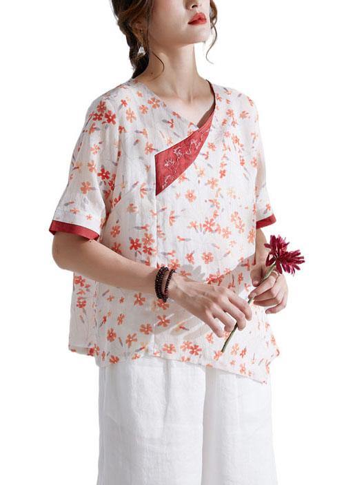 Red V-Neck Asymmetrical Design Print Summer Ramie Shirt Tops Short Sleeve - SooLinen