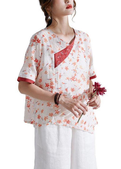 Red V-Neck Asymmetrical Design Print Summer Ramie Shirt Tops Short Sleeve - SooLinen
