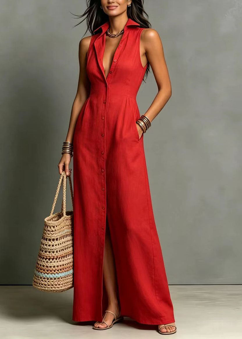 Red Vacation Dresses Peter Pan Collar Single Breasted Sleeveless