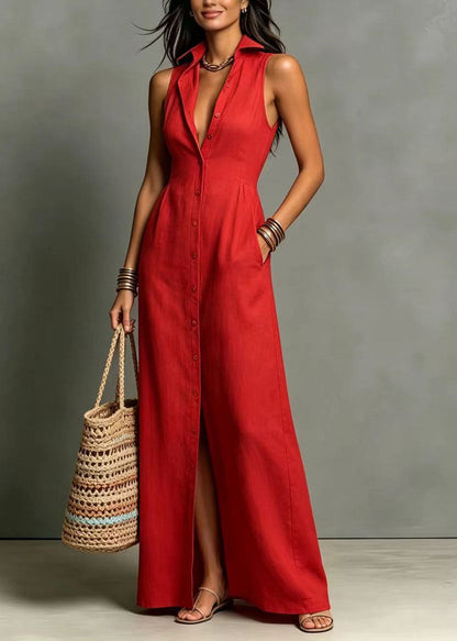 Red Vacation Dresses Peter Pan Collar Single Breasted Sleeveless