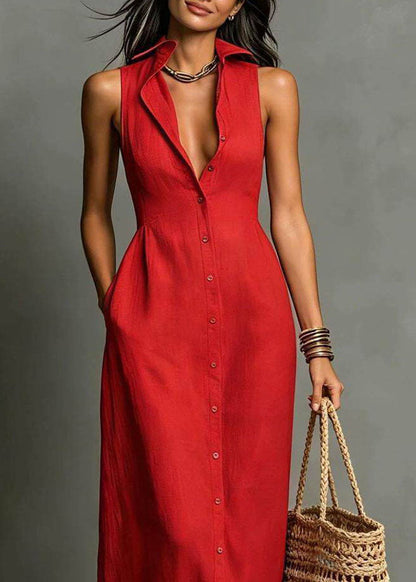 Red Vacation Dresses Peter Pan Collar Single Breasted Sleeveless