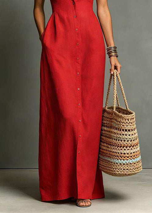 Red Vacation Dresses Peter Pan Collar Single Breasted Sleeveless