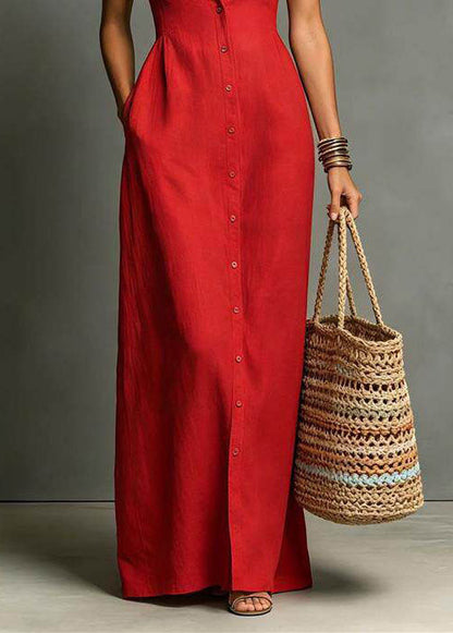 Red Vacation Dresses Peter Pan Collar Single Breasted Sleeveless