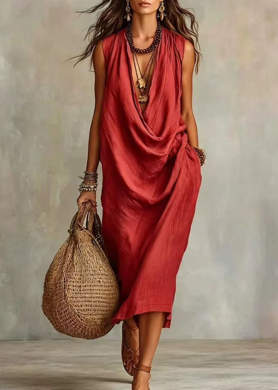 Red Vacation Dresses V Neck Draping Sleeveless