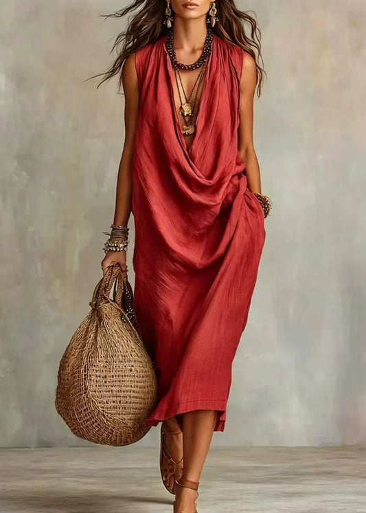 Red Vacation Dresses V Neck Draping Sleeveless