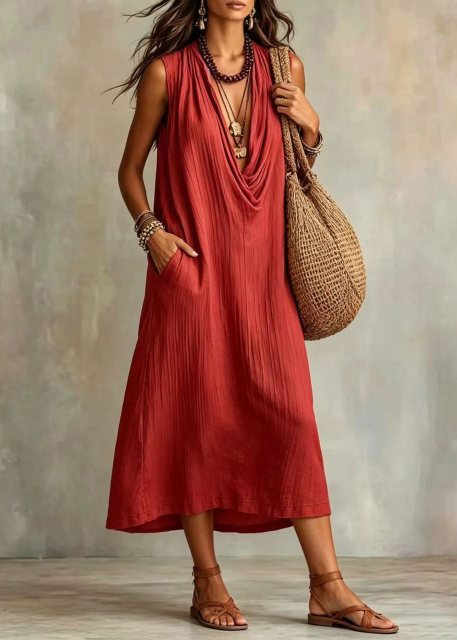 Red Vacation Dresses V Neck Draping Sleeveless