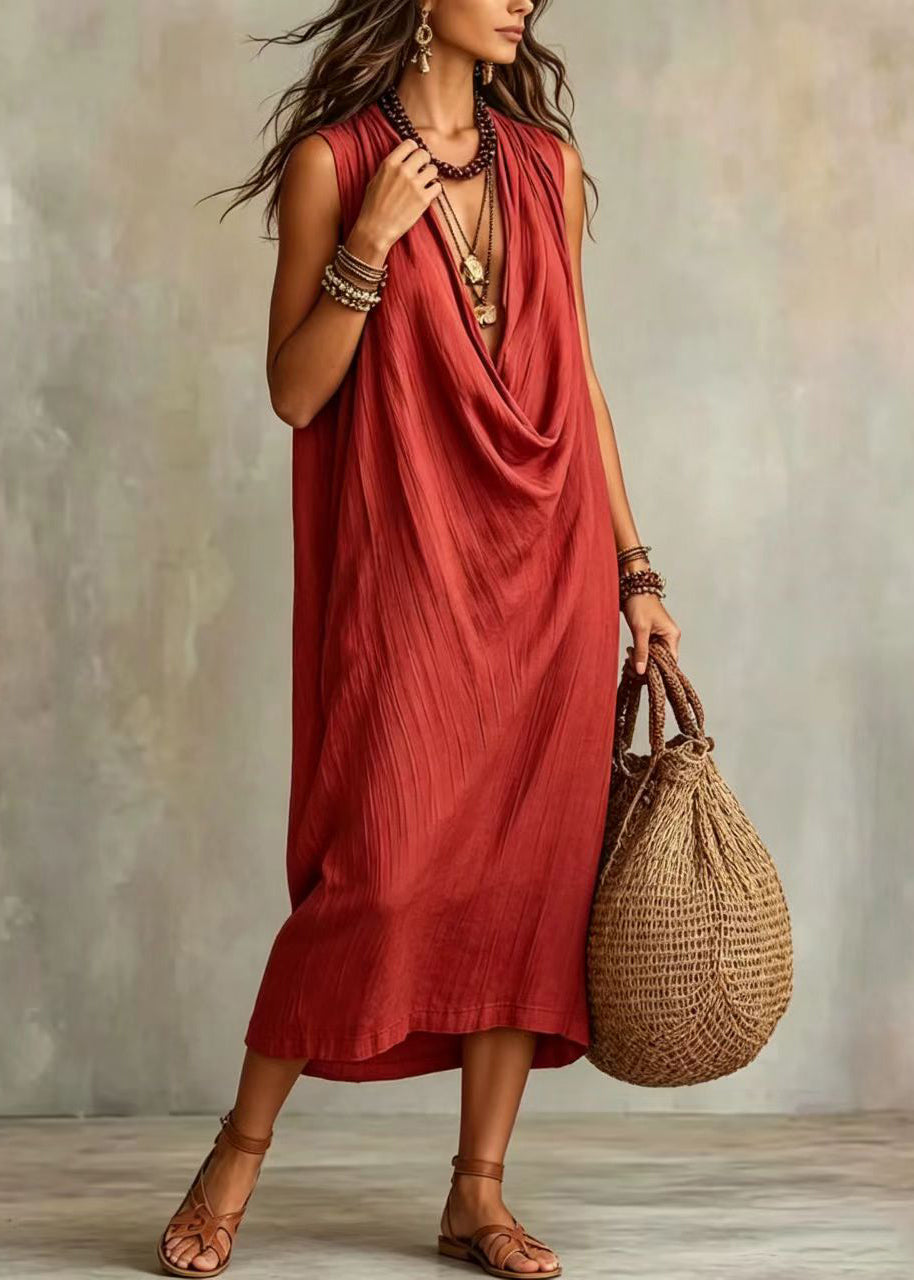 Red Vacation Dresses V Neck Draping Sleeveless