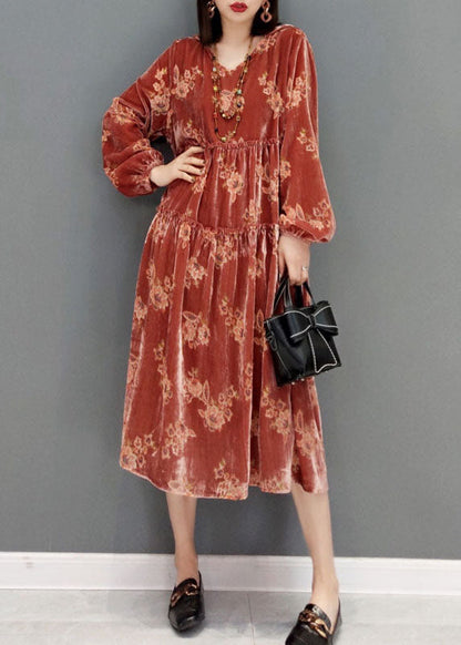 Rotes Velours-Partykleid mit V-Ausschnitt und tailliertem Frühling