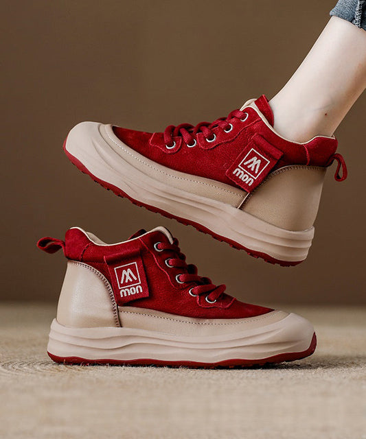 Zapatos planos con plataforma y cordones de piel de vaca para mujer, color rojo