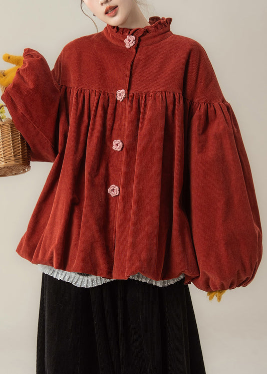 Roter, geknöpfter Cordparka mit Baumwollfüllung und Stehkragen