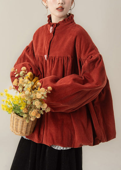 Roter, geknöpfter Cordparka mit Baumwollfüllung und Stehkragen