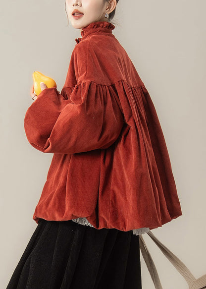 Roter, geknöpfter Cordparka mit Baumwollfüllung und Stehkragen