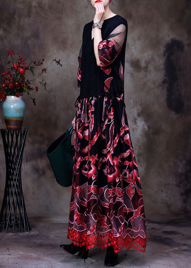 Rote Spitze Strickkleider Bestickt Frühling