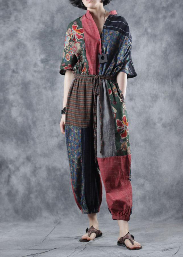 Red printed jumpsuit tie waist loose wide leg pants - SooLinen