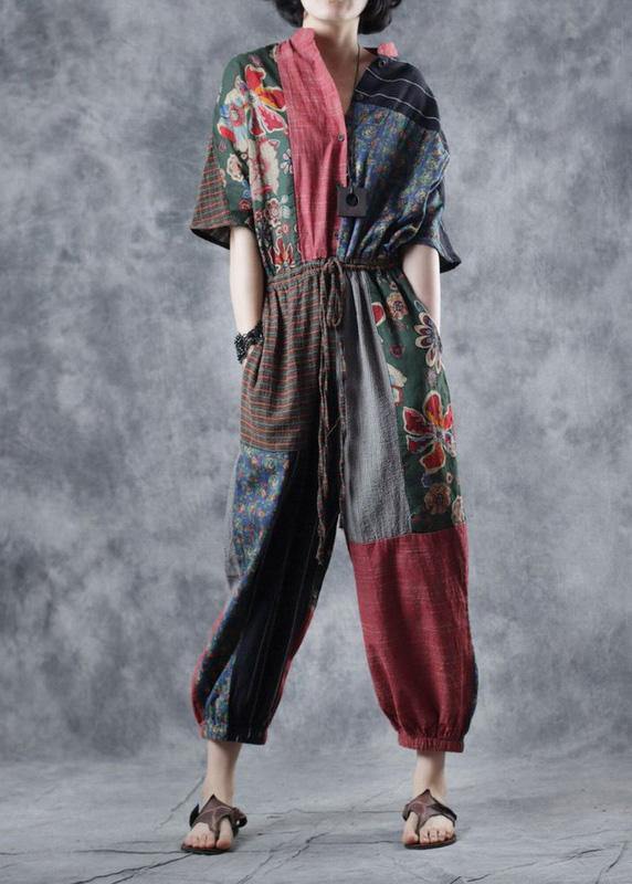 Red printed jumpsuit tie waist loose wide leg pants - SooLinen