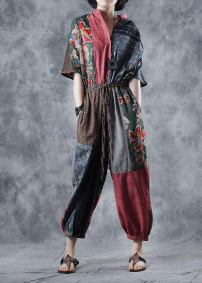 Red printed jumpsuit tie waist loose wide leg pants - SooLinen