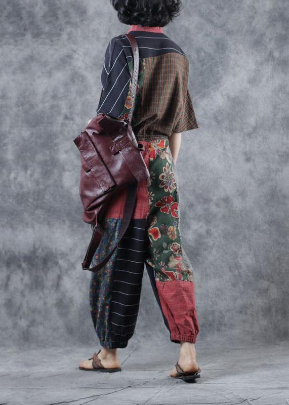 Red printed jumpsuit tie waist loose wide leg pants - SooLinen