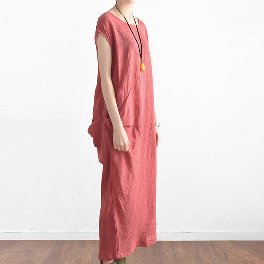 Rote Sommerkleider aus Leinen, seitlich drapierte Kaftane, übergroßes ärmelloses Sommerkleid