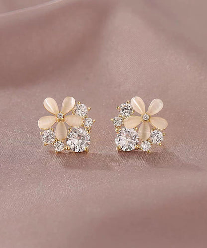 Pendientes de botón con diseño floral de circonita y piedra de ojo de gato en plata de ley beige dorada