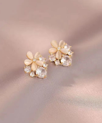 Pendientes de botón con diseño floral de circonita y piedra de ojo de gato en plata de ley beige dorada