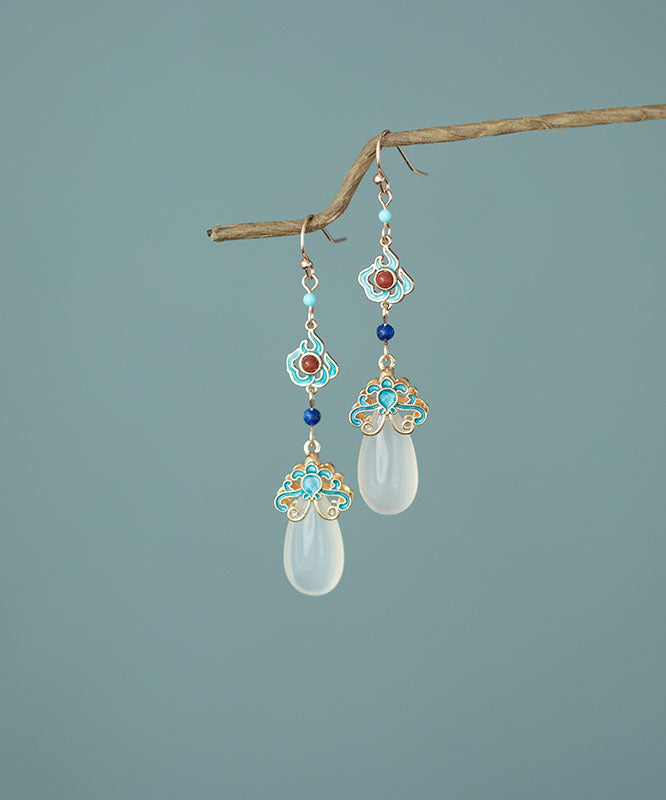 Pendientes colgantes con gemas de calcedonia, ágata y turquesa con dorado en cobre y bloques de colores regulares