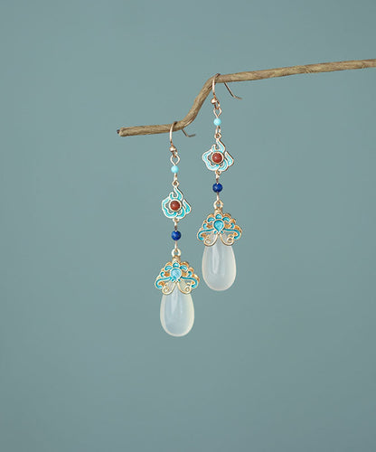 Pendientes colgantes con gemas de calcedonia, ágata y turquesa con dorado en cobre y bloques de colores regulares