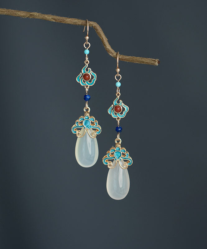 Pendientes colgantes con gemas de calcedonia, ágata y turquesa con dorado en cobre y bloques de colores regulares