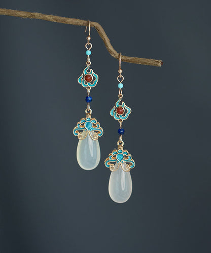 Pendientes colgantes con gemas de calcedonia, ágata y turquesa con dorado en cobre y bloques de colores regulares