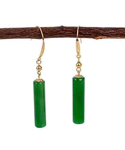 Pendientes colgantes de jade verde regular con incrustaciones de oro de 18 quilates