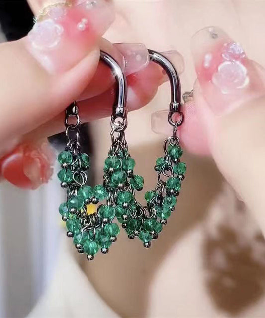 Pendientes de aro con borlas y cuentas de cristal verde regular