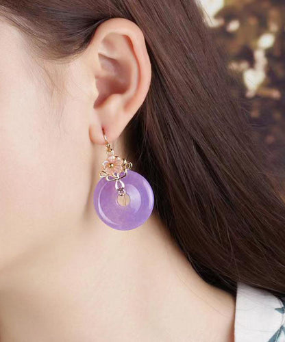 Pendientes colgantes de calcedonia con flor de concha en oro morado de 24 quilates