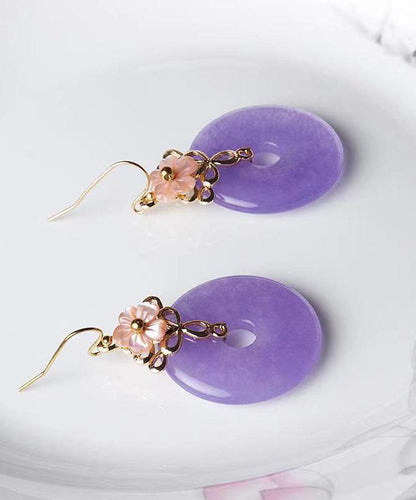 Pendientes colgantes de calcedonia con flor de concha en oro morado de 24 quilates