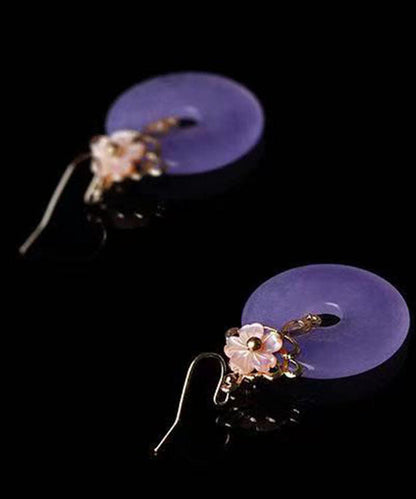 Pendientes colgantes de calcedonia con flor de concha en oro morado de 24 quilates